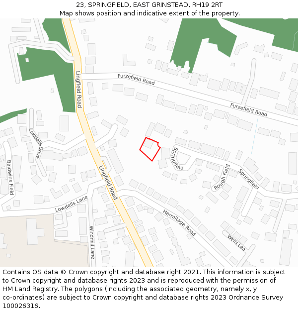23, SPRINGFIELD, EAST GRINSTEAD, RH19 2RT: Location map and indicative extent of plot