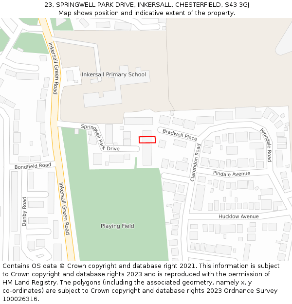 23, SPRINGWELL PARK DRIVE, INKERSALL, CHESTERFIELD, S43 3GJ: Location map and indicative extent of plot