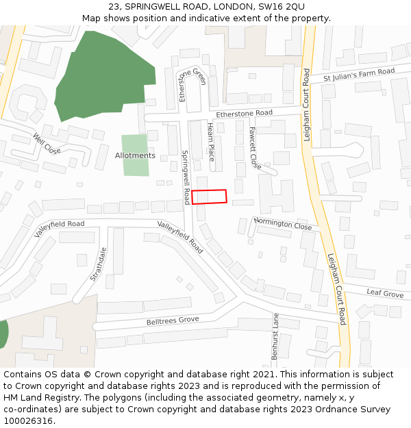 23, SPRINGWELL ROAD, LONDON, SW16 2QU: Location map and indicative extent of plot