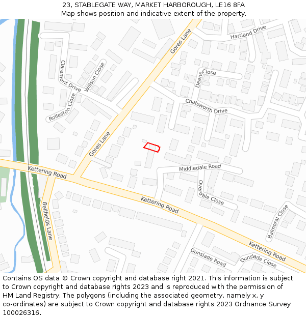 23, STABLEGATE WAY, MARKET HARBOROUGH, LE16 8FA: Location map and indicative extent of plot