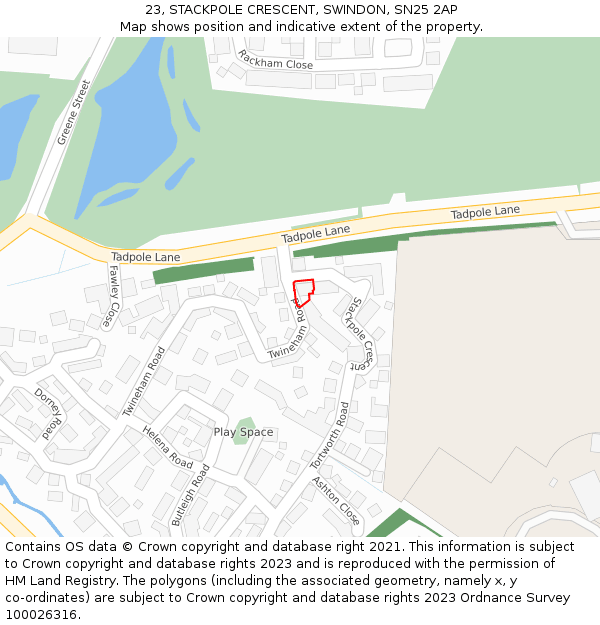 23, STACKPOLE CRESCENT, SWINDON, SN25 2AP: Location map and indicative extent of plot