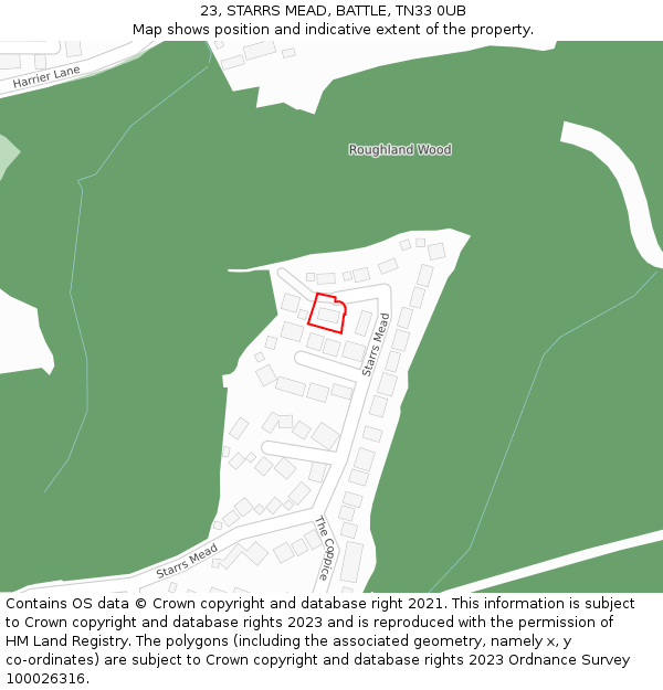 23, STARRS MEAD, BATTLE, TN33 0UB: Location map and indicative extent of plot
