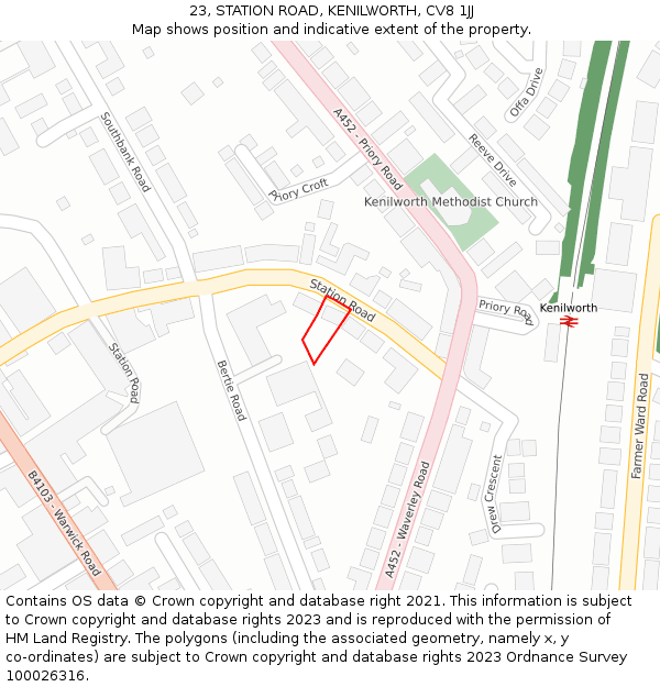 23, STATION ROAD, KENILWORTH, CV8 1JJ: Location map and indicative extent of plot