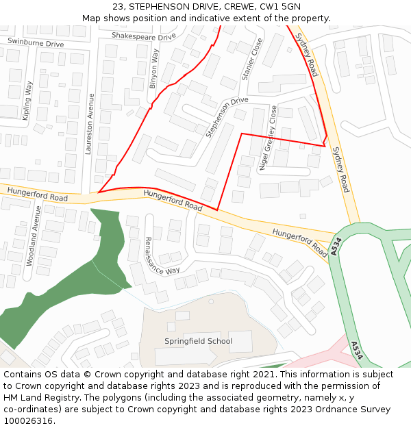 23, STEPHENSON DRIVE, CREWE, CW1 5GN: Location map and indicative extent of plot