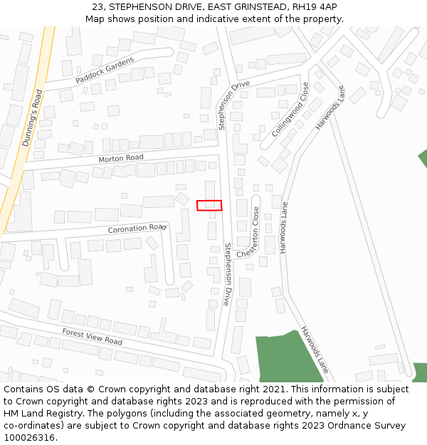 23, STEPHENSON DRIVE, EAST GRINSTEAD, RH19 4AP: Location map and indicative extent of plot