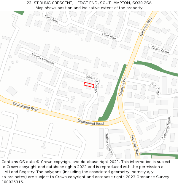 23, STIRLING CRESCENT, HEDGE END, SOUTHAMPTON, SO30 2SA: Location map and indicative extent of plot