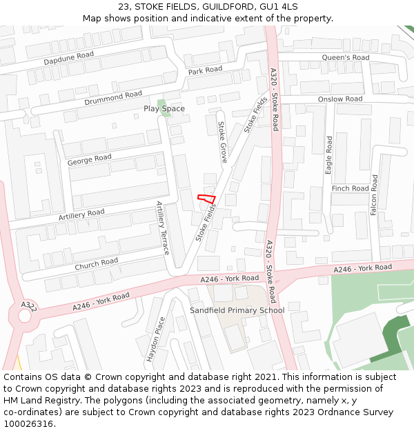 23, STOKE FIELDS, GUILDFORD, GU1 4LS: Location map and indicative extent of plot