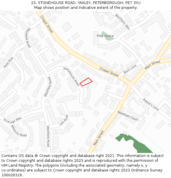 23, STONEHOUSE ROAD, YAXLEY, PETERBOROUGH, PE7 3YU: Location map and indicative extent of plot