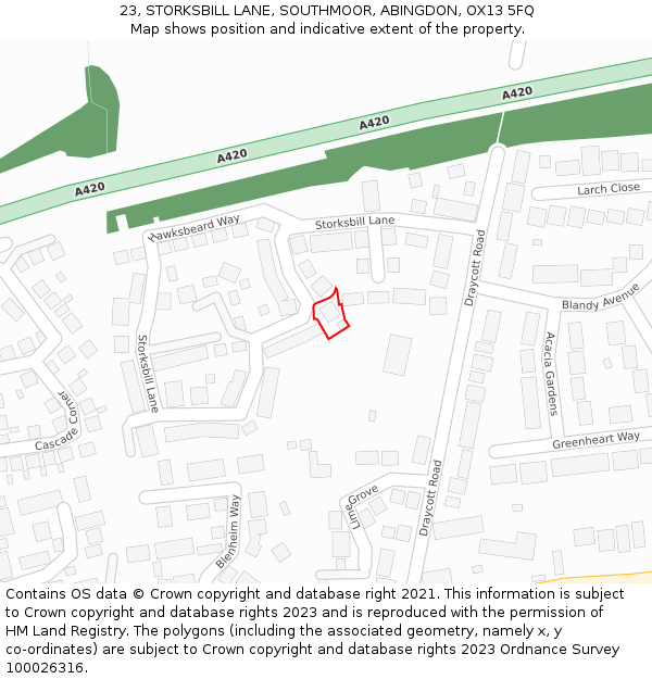 23, STORKSBILL LANE, SOUTHMOOR, ABINGDON, OX13 5FQ: Location map and indicative extent of plot