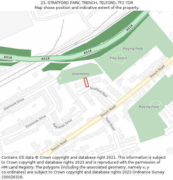 23, STRATFORD PARK, TRENCH, TELFORD, TF2 7DR: Location map and indicative extent of plot