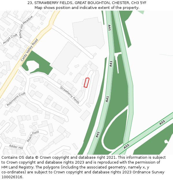 23, STRAWBERRY FIELDS, GREAT BOUGHTON, CHESTER, CH3 5YF: Location map and indicative extent of plot