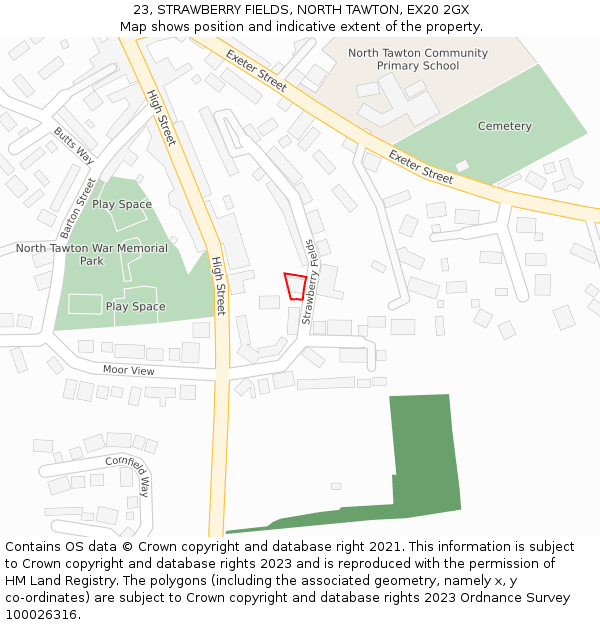 23, STRAWBERRY FIELDS, NORTH TAWTON, EX20 2GX: Location map and indicative extent of plot