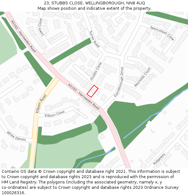 23, STUBBS CLOSE, WELLINGBOROUGH, NN8 4UQ: Location map and indicative extent of plot