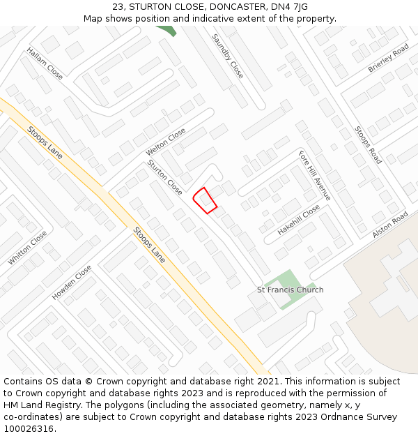 23, STURTON CLOSE, DONCASTER, DN4 7JG: Location map and indicative extent of plot