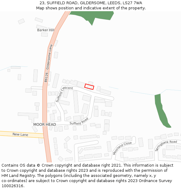 23, SUFFIELD ROAD, GILDERSOME, LEEDS, LS27 7WA: Location map and indicative extent of plot