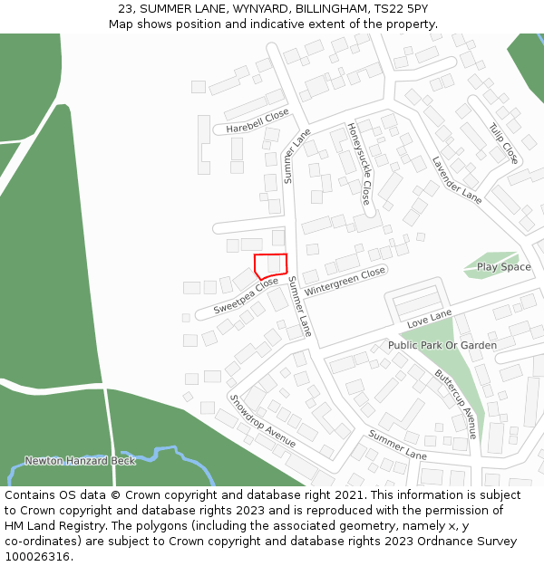 23, SUMMER LANE, WYNYARD, BILLINGHAM, TS22 5PY: Location map and indicative extent of plot