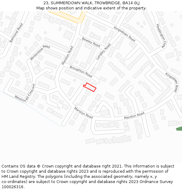 23, SUMMERDOWN WALK, TROWBRIDGE, BA14 0LJ: Location map and indicative extent of plot