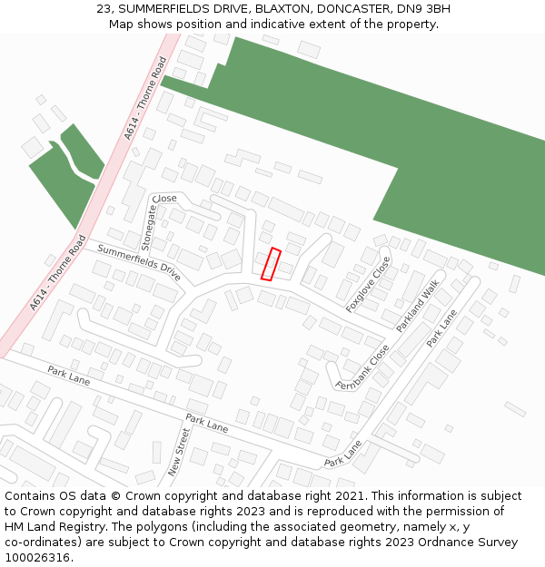 23, SUMMERFIELDS DRIVE, BLAXTON, DONCASTER, DN9 3BH: Location map and indicative extent of plot