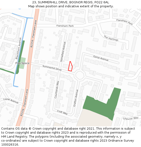 23, SUMMERHILL DRIVE, BOGNOR REGIS, PO22 6AL: Location map and indicative extent of plot