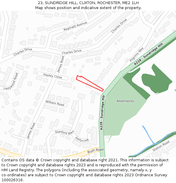 23, SUNDRIDGE HILL, CUXTON, ROCHESTER, ME2 1LH: Location map and indicative extent of plot