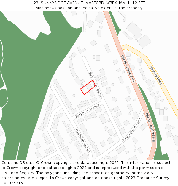 23, SUNNYRIDGE AVENUE, MARFORD, WREXHAM, LL12 8TE: Location map and indicative extent of plot