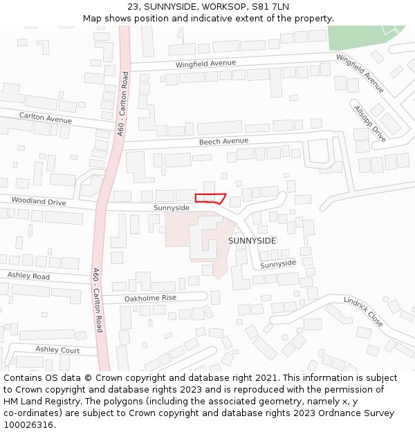 23, SUNNYSIDE, WORKSOP, S81 7LN: Location map and indicative extent of plot