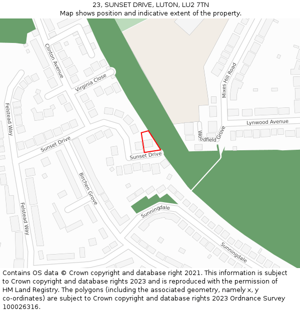 23, SUNSET DRIVE, LUTON, LU2 7TN: Location map and indicative extent of plot