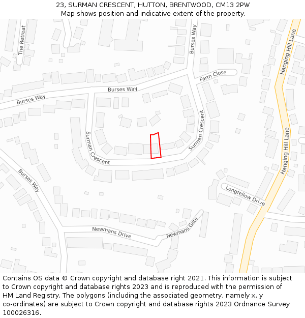 23, SURMAN CRESCENT, HUTTON, BRENTWOOD, CM13 2PW: Location map and indicative extent of plot