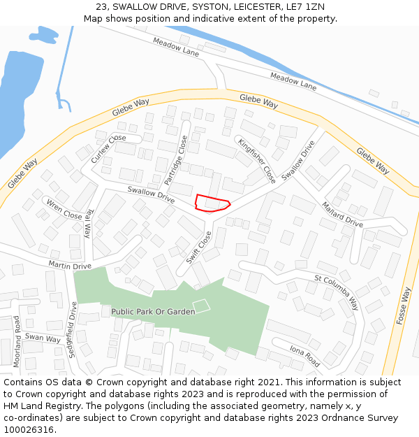 23, SWALLOW DRIVE, SYSTON, LEICESTER, LE7 1ZN: Location map and indicative extent of plot