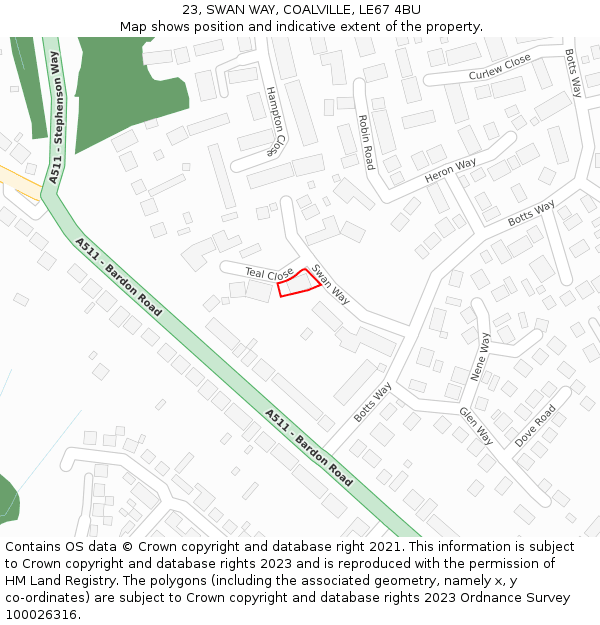 23, SWAN WAY, COALVILLE, LE67 4BU: Location map and indicative extent of plot