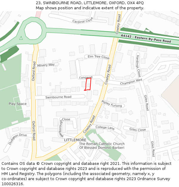 23, SWINBOURNE ROAD, LITTLEMORE, OXFORD, OX4 4PQ: Location map and indicative extent of plot