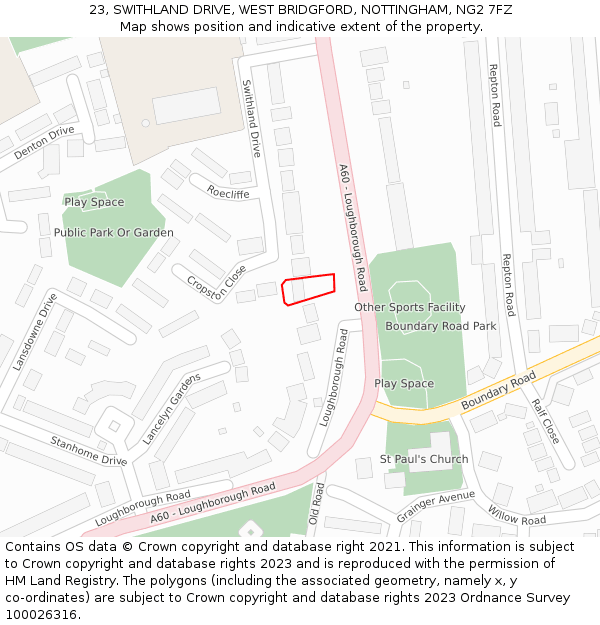 23, SWITHLAND DRIVE, WEST BRIDGFORD, NOTTINGHAM, NG2 7FZ: Location map and indicative extent of plot