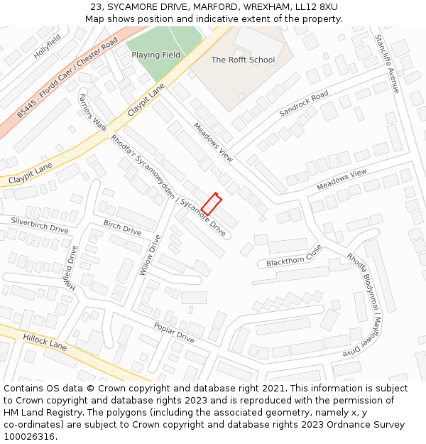 23, SYCAMORE DRIVE, MARFORD, WREXHAM, LL12 8XU: Location map and indicative extent of plot