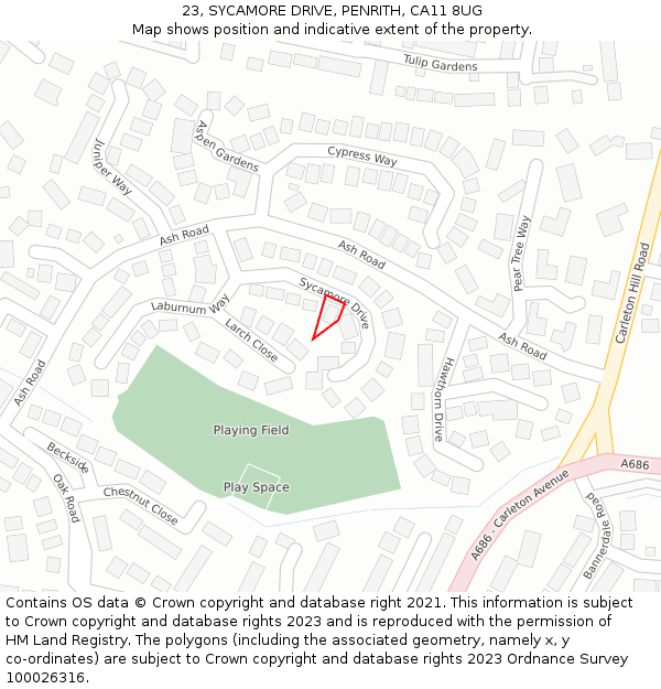 23, SYCAMORE DRIVE, PENRITH, CA11 8UG: Location map and indicative extent of plot