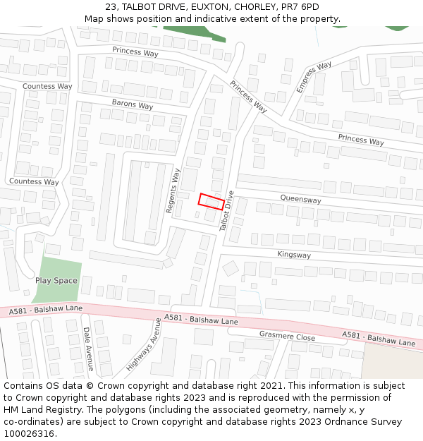 23, TALBOT DRIVE, EUXTON, CHORLEY, PR7 6PD: Location map and indicative extent of plot