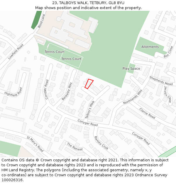 23, TALBOYS WALK, TETBURY, GL8 8YU: Location map and indicative extent of plot