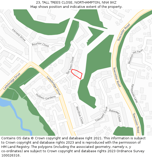 23, TALL TREES CLOSE, NORTHAMPTON, NN4 9XZ: Location map and indicative extent of plot