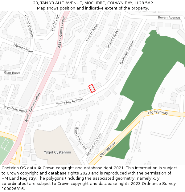 23, TAN YR ALLT AVENUE, MOCHDRE, COLWYN BAY, LL28 5AP: Location map and indicative extent of plot