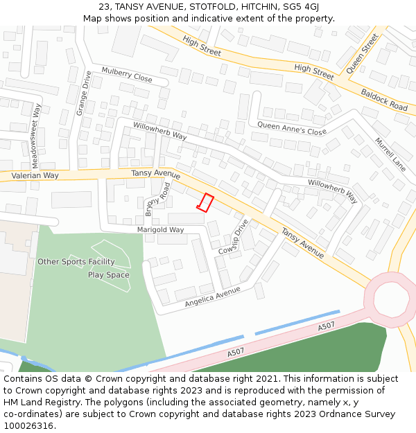 23, TANSY AVENUE, STOTFOLD, HITCHIN, SG5 4GJ: Location map and indicative extent of plot