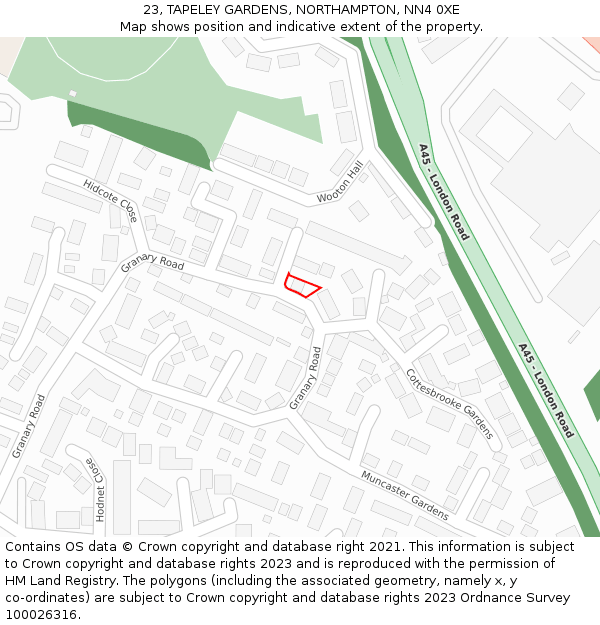 23, TAPELEY GARDENS, NORTHAMPTON, NN4 0XE: Location map and indicative extent of plot