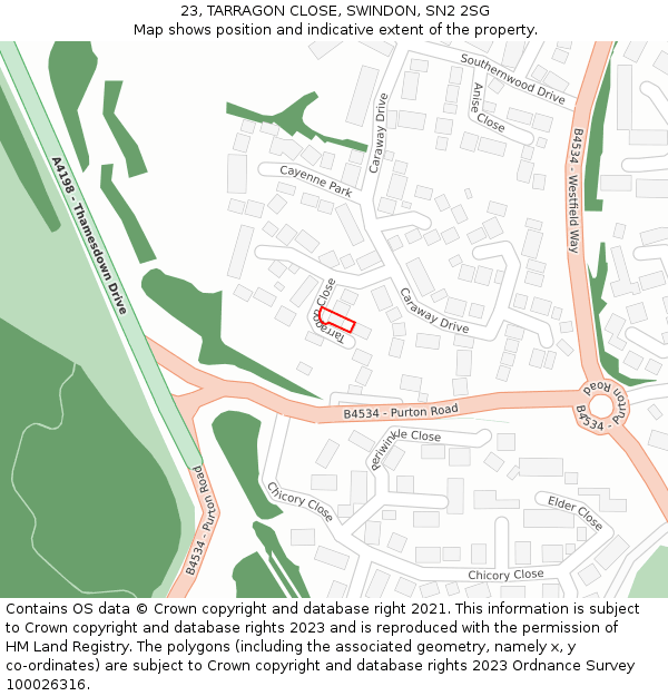 23, TARRAGON CLOSE, SWINDON, SN2 2SG: Location map and indicative extent of plot