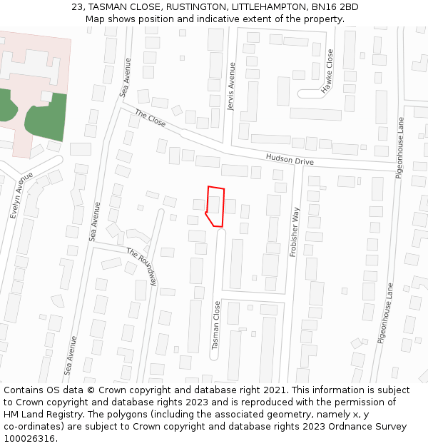 23, TASMAN CLOSE, RUSTINGTON, LITTLEHAMPTON, BN16 2BD: Location map and indicative extent of plot