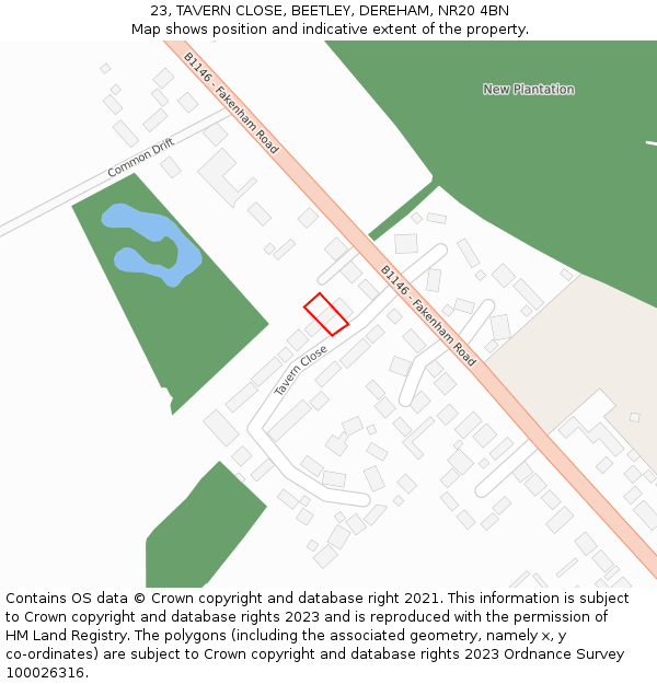 23, TAVERN CLOSE, BEETLEY, DEREHAM, NR20 4BN: Location map and indicative extent of plot