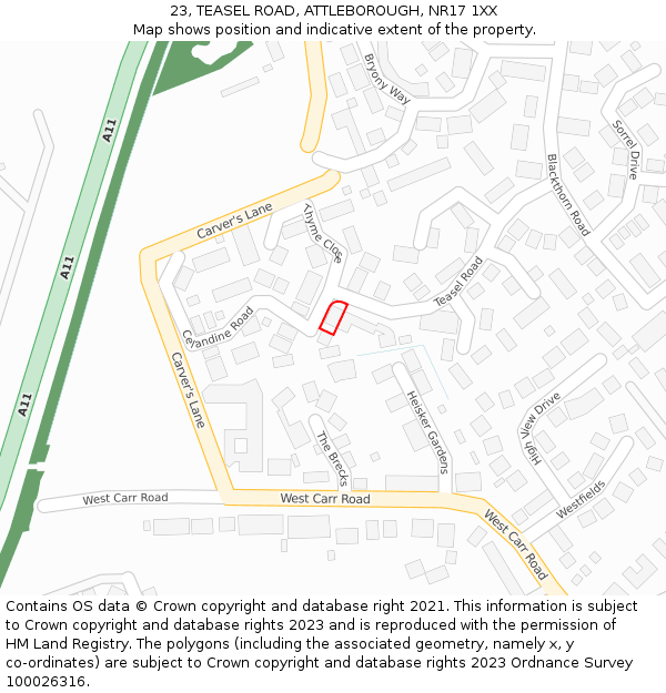 23, TEASEL ROAD, ATTLEBOROUGH, NR17 1XX: Location map and indicative extent of plot