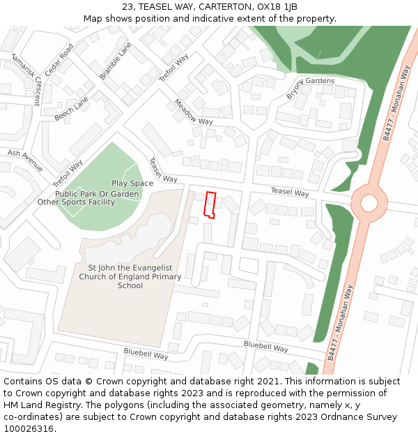 23, TEASEL WAY, CARTERTON, OX18 1JB: Location map and indicative extent of plot