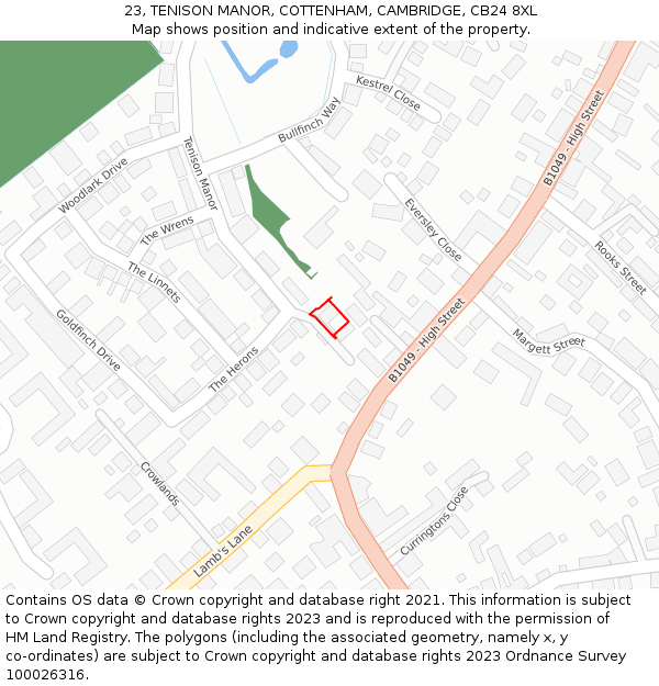 23, TENISON MANOR, COTTENHAM, CAMBRIDGE, CB24 8XL: Location map and indicative extent of plot
