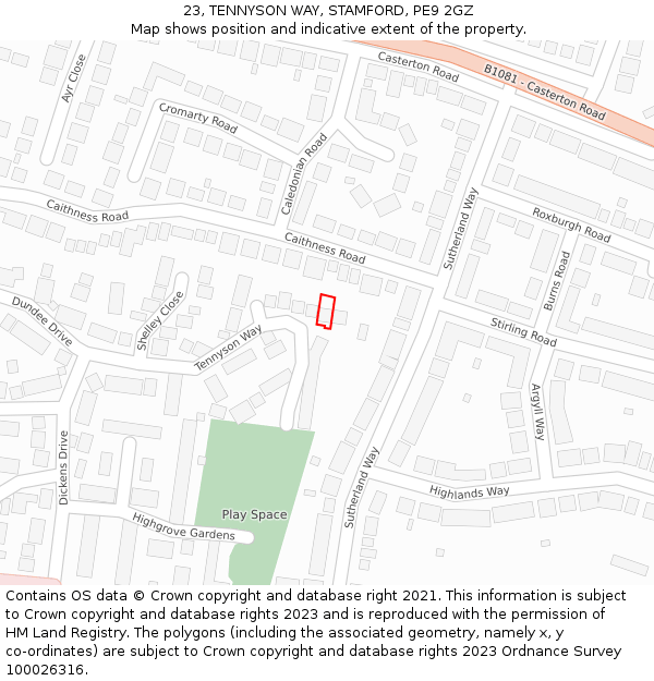 23, TENNYSON WAY, STAMFORD, PE9 2GZ: Location map and indicative extent of plot