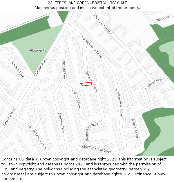 23, TERESLAKE GREEN, BRISTOL, BS10 6LT: Location map and indicative extent of plot