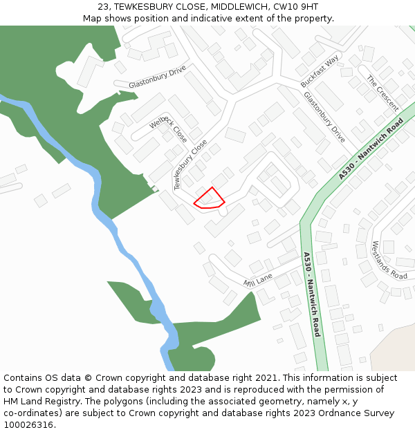 23, TEWKESBURY CLOSE, MIDDLEWICH, CW10 9HT: Location map and indicative extent of plot