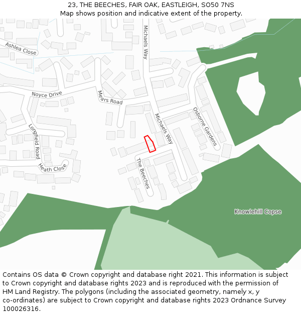 23, THE BEECHES, FAIR OAK, EASTLEIGH, SO50 7NS: Location map and indicative extent of plot